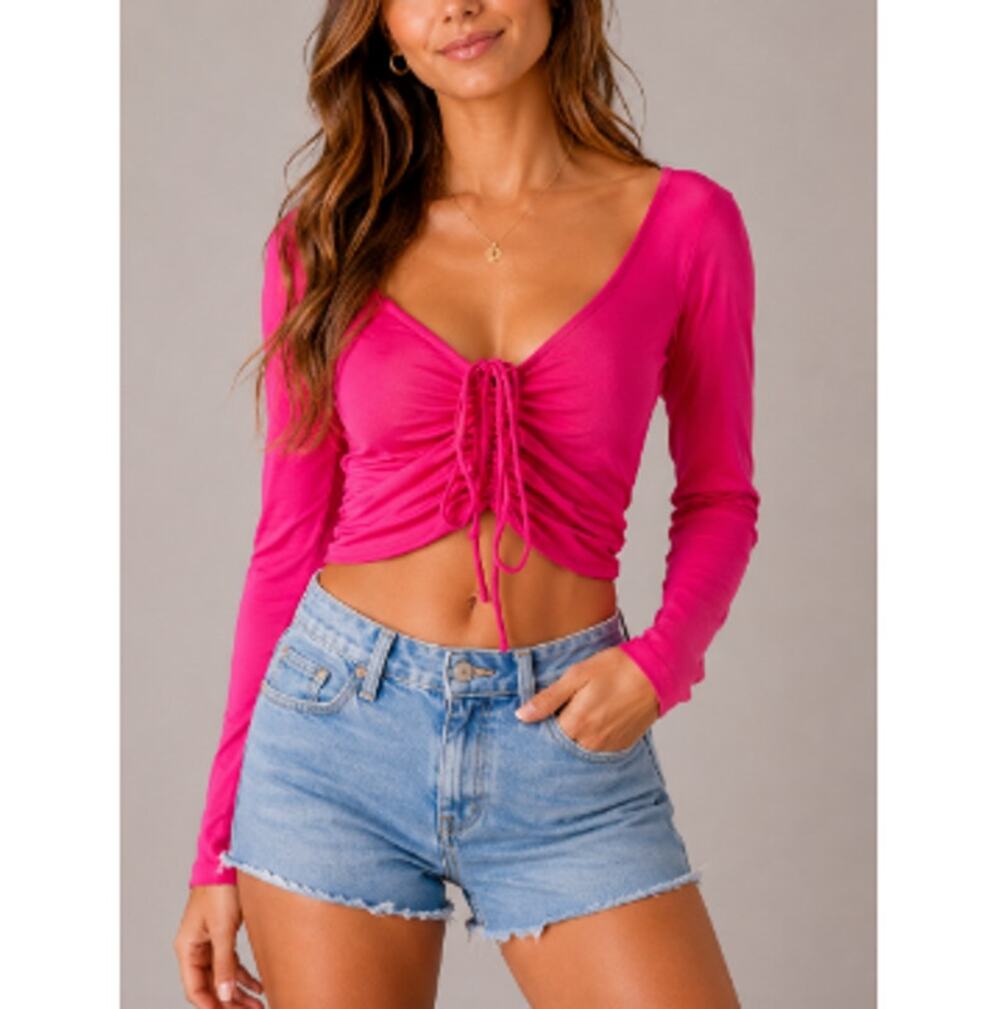 New Good American Hot Pink Ruched Front Tie Long Sleeve Crop Top Size 1 SMALL